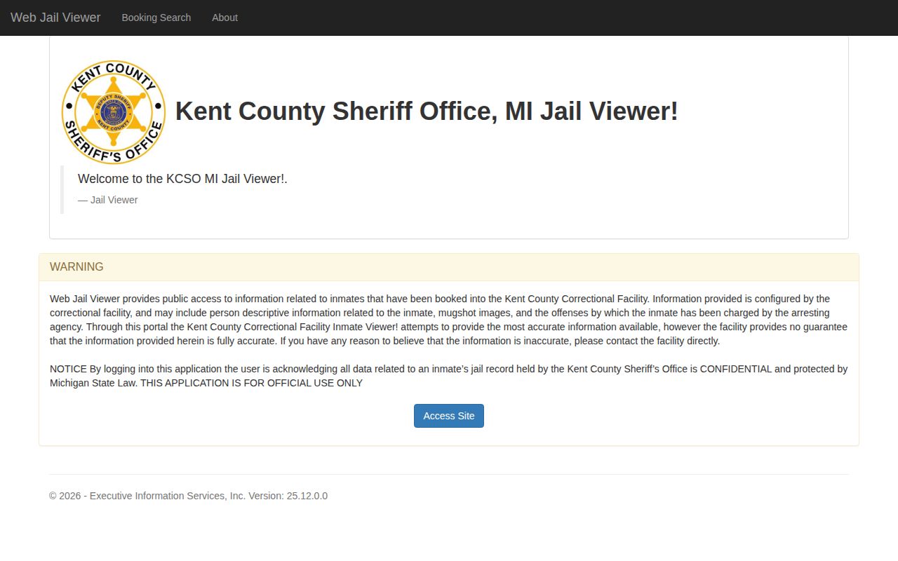 Kent County KCCF Web Jail Viewer booking record access page