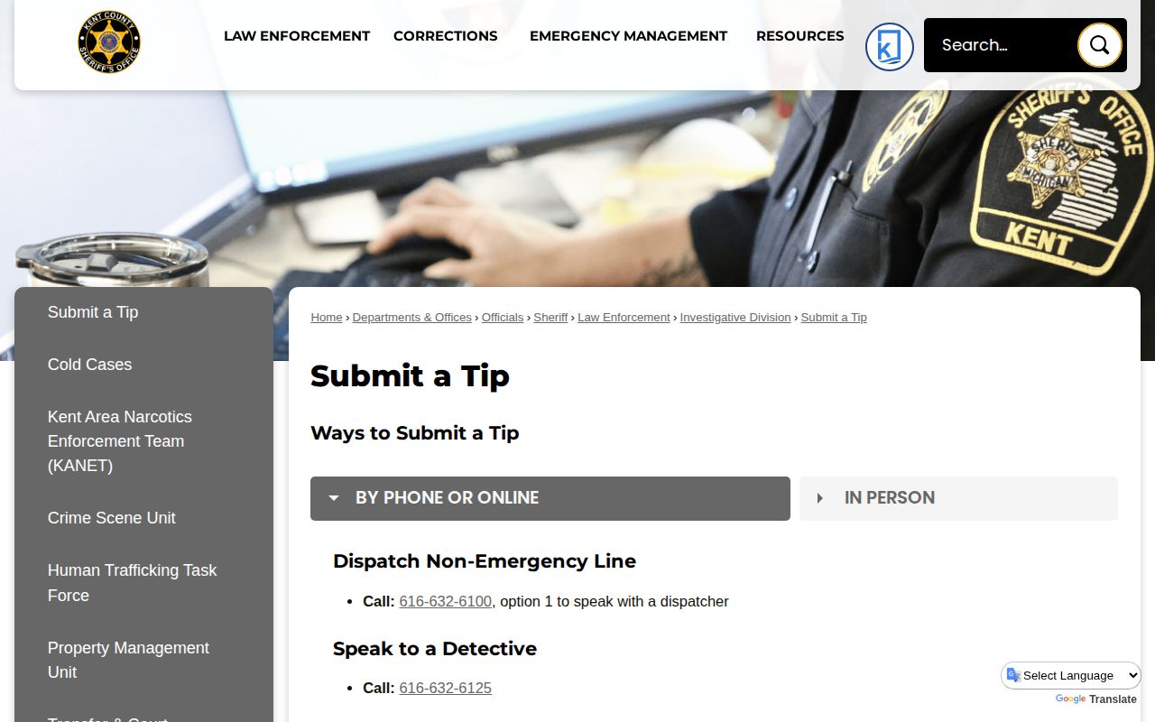 Kent County Sheriff tip submission page for public-safety information