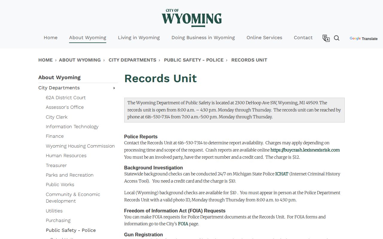 Wyoming Police Records Unit official page